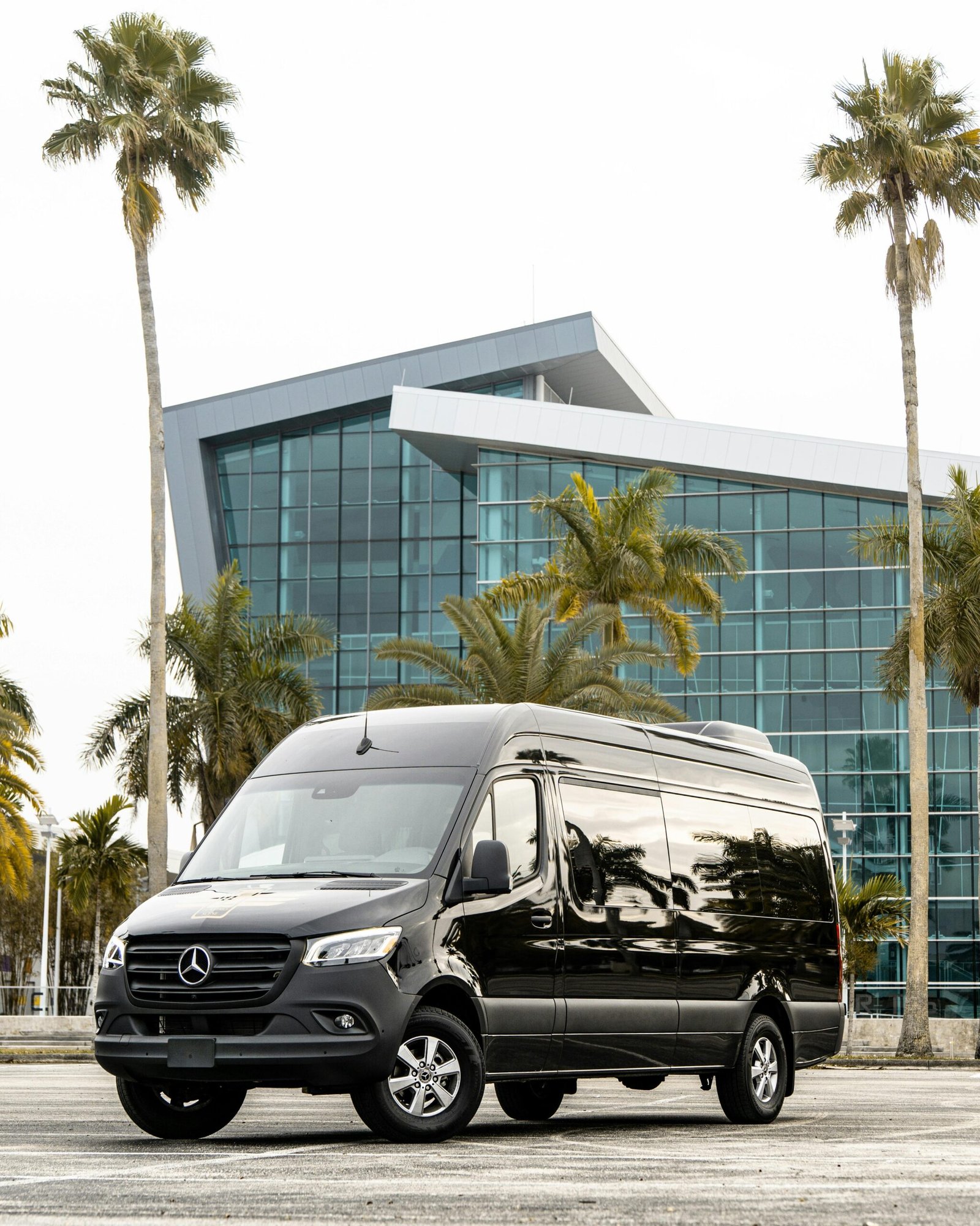 Black Mercedes-Benz Sprinter van in urban setting with modern building and palm trees.